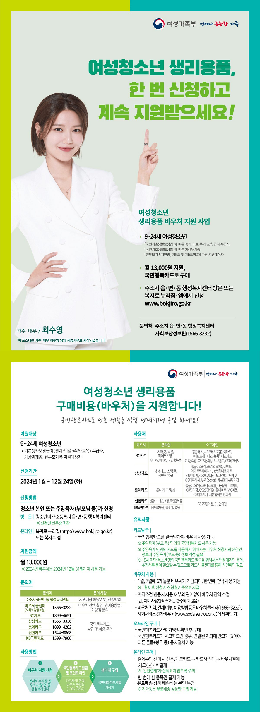 여성청소년 생리용품, 한 번 신청하고 계속 지원 받으세요! (언제나 든든한 가족 여성가족부) 여성청소년 생리대 바우처 지원 사업 ○ ​9~24세 여성청소년 -국민기초생활보장법에 따른 생계, 의료, 주거, 교육급여 수급자 -기초생활보장법에 따른 차상위계층 -한부모가족지원법 제5조 및 제5조의2에 따른 지원대상자 ○월 13,000원 지원, 국민행복카드로 구매 ○ 주소지 읍면동 행정복지센터 방문 또는 복지로 누리집, 앱에서 신청 www.bokjiro.go.kr ○ 문의처 주소지 읍면동행정복지센터, 사회보장정보원(1566-3232) 여성청소년 생리용품 구매비용(바우처)을 지원합니다! 국민행복카드로 선호 제품을 직접 선택해서 구입 하세요! ○ 지원대상 : 9~24세 여성청소년 *기초생활보장급여(생계, 의료, 주거, 교육) 수급자, 차상위계층, 한부모가족 지원대상자 ○ 신청기간 : 2024년 1월 ~ 12월 24일(화) ○ 신청방법 : 청소년 본인 또는 주양육자(부모님 등)가 신청 -방문 : 청소년의 주소등록지 읍면동 행정복지센터 * 신청인 신분증 지참 -온라인 : 복지로 누리집(http://www.bokjiro.go.kr) 또는 복지로앱 ○ 지원금액 : 월 13,000원 * 2024년 바우처는 2024년 12월 31일까지 사용 가능 ○ 문의처 -주소지 읍면동 행정복지센터 : 지원대상, 해당여부, 신청방법 -바우처 콜센터(사회보장정보원) 1566-3232, 바우처 잔액 확인 및 이용방법, 가맹점 문의 -BC카드 1899-4651, 삼성카드 1566-3336, 롯데카드 1899-4282, 신한카드 1544-8868, KB국민카드 1599-7900, 국민행복카드 발급 및 이용 문의 ○ 사용방법 1. 바우처 지원 신청 : 복지로 누리집, 주소지 읍면동 행정복지센터 2. 국민행복카드 발급 및 포인트 확인 : 카드사 및 은행, 바우처 콜센터(1566-3232) 3. 생리대 구입 : 국민행복카드사별 사용처 ○ 사용처 -BC카드 (온라인) 지마켓, 옥션, 페이북쇼핑, 우리WON마켓, 국민행복몰 (오프라인) 홈플러스(익스프레스 포함), 이마트(트레이더스 포함), 농협하나로마트, CU편의점, GS25편의점, 노브랜드, GS더프레시 -삼성카드 (온라인) 삼성카드쇼핑몰, 국민행복몰(https://www.vouchermall.co.kr) (오프라인) 홈플러스(익스프레스 포함), 이마트(트레이더스 포함), 농협하나로마트, CU편의점, GS25편의점, 노브랜드, PK마켓, GS더프레시, 부츠(boots), 세븐일레븐편의점 -롯데카드 (온라인) 롯데카드 띵샵 (오프라인) 홈플러스(익스프레스 포함). 롯데마트, 농협하나로마트, CU편의점, GS25편의점, VIC마켓, GS더프레시, 세븐일레븐편의점 -신한카드 (온라인) 신한카드 올댓쇼핑, 국민행복몰(https://www.vouchermall.co.kr) (오프라인) GS25편의점, CU편의점 -KB국민카드 (온라인) KB국카몰, 국민행복몰(https://www.vouchermall.co.kr) (오프라인) GS25편의점, CU편의점 ○ 유의사항 (카드발급) 국민행복카드를 발급받아야 바우처 사용 가능 * 주양육자(부모 등) 명의의 국민행복카드 사용 가능 *주양육자 명의의 카드를 사용하기 위해서는 바우처 신청서의 신청인 정보에 주양육자(부모 등) 정보 작성 필요 * 18세 미만 청소년 명의 국민행복카드 발급을 위해서는 법정대리인 동의, 추가서류 등이 필요할 수 있으므로 카드사 콜센터를 통해 사전확인 필요 (바우처 사용) -1월, 7월에 6개월분 바우처가 지급되며, 한 번에 전액 사용 가능 * 1월 이후 신청 시 신청월 기준으로 지급 -자격조건 변동 시 사용 여부와 관계없이 바우처 잔액 소멸(단, 이미 사용한 바우처는 환수하지 않음) -바우처잔액, 결제여부, 이용방법 등은 바우처 콜센터(1566-3232), 사회서비스 전자바우처(www.socialservice.or.kr)에서 확인 가능 (오프라인 구매) -국민행복카드사별 가맹점 확인 후 구매 -국민행복카드가 체크카드인 경우, 연결된 계좌에 잔고가 있어야 다른 물품(봉투 등) 동시결제 가능 (온라인 구매) -결제수단 선택 시 신용/체크카드→카드사 선택→바우처결제 체크 후 결제 *'간편결제'가 선택되지 않도록 주의' -한 번에 한 품목만 결제 가능 -유료배송 상품 배송비는 본인 부담 *지마켓은 무료배송 상품만 구입 가능